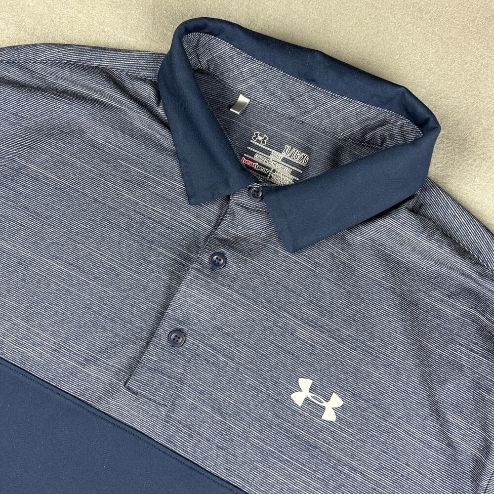 Under Armor Polo Shirt Mens Loose Heatgear Short Sleeve Blue Striped XL